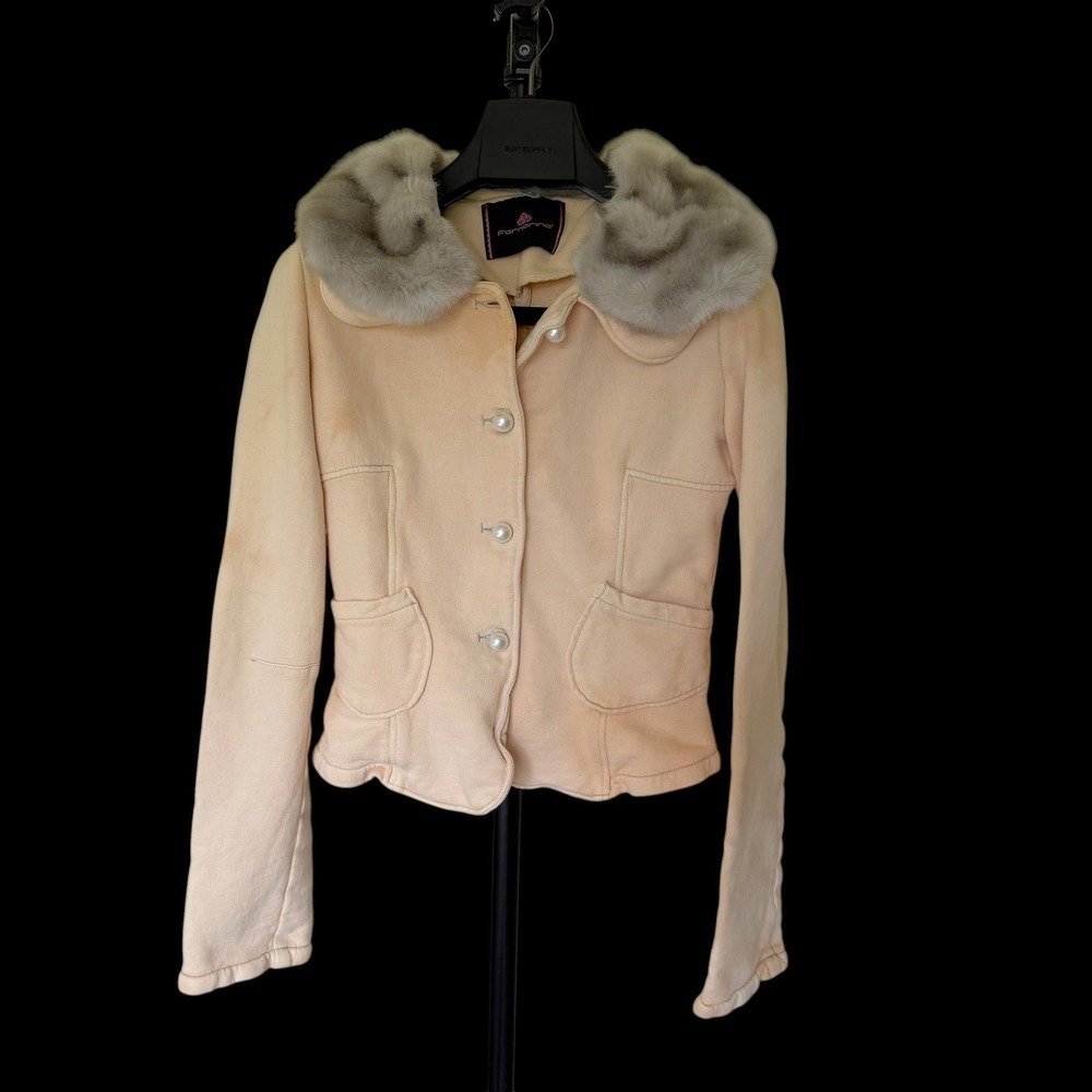 Fornarina Peach Cotton Knit Jacket Faux Fur Collar Pearl Buttons Size S